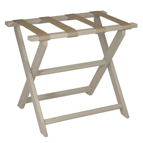 Homeroots HomeRoots 383087 Earth Friendly Taupe Folding Luggage Rack with Dark Tan Straps 383087 - main